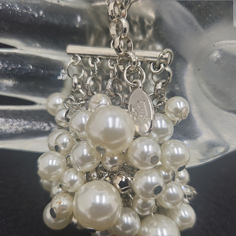 Vintage Aura Faux Cluster Pearl Rhinestone Silver Tone Link Bracelet - Picture 8 of 16